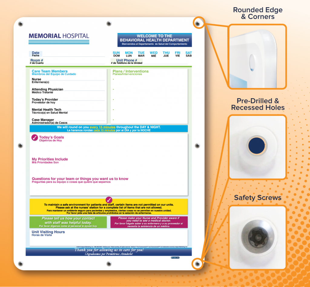 safety board flyer featuring behavioral health board with rounded corners, edges, and pre-drilled recessed holes