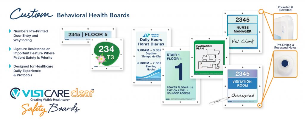 custom whiteboard safety board style for Behavioral health showing hospital room door numbers, patient room signs, safety graphics, rounded corners and recessed holes