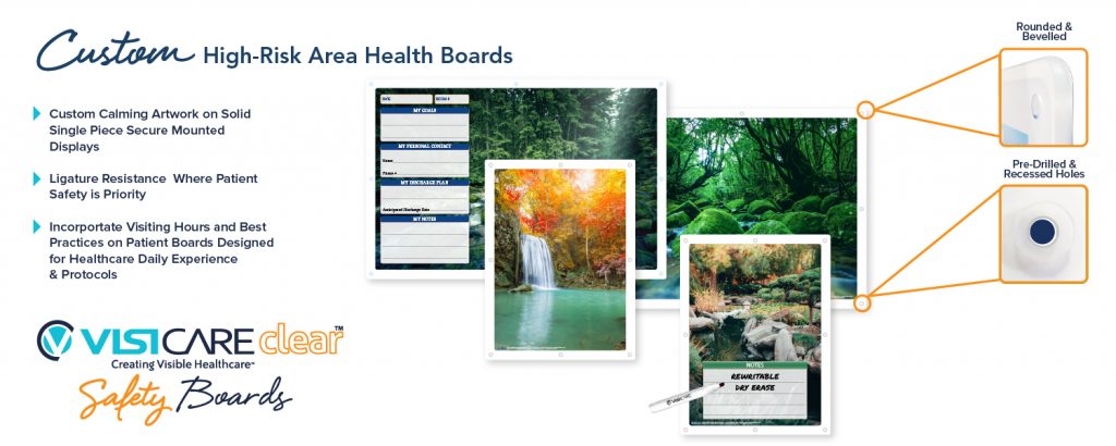 custom whiteboard safety board style for Behavioral health showing suicide prevention art, patient safety graphics, rounded corners and recessed holes