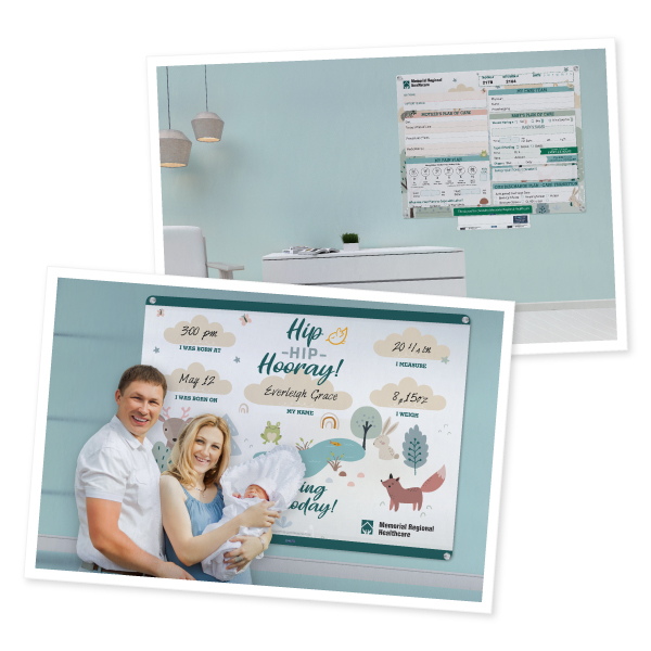 mother baby whiteboard and family infront of a custom celebration family birth board