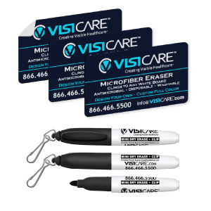 VisiCare mini dry erase markers that clip to nurse badges and VisiCare microfiber erasers that cling to white boards