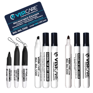 VisiCare dry erase markers in mini marker, rount tip, and chisel tip as well as VisiCare microfiber erasers that cling to white boards