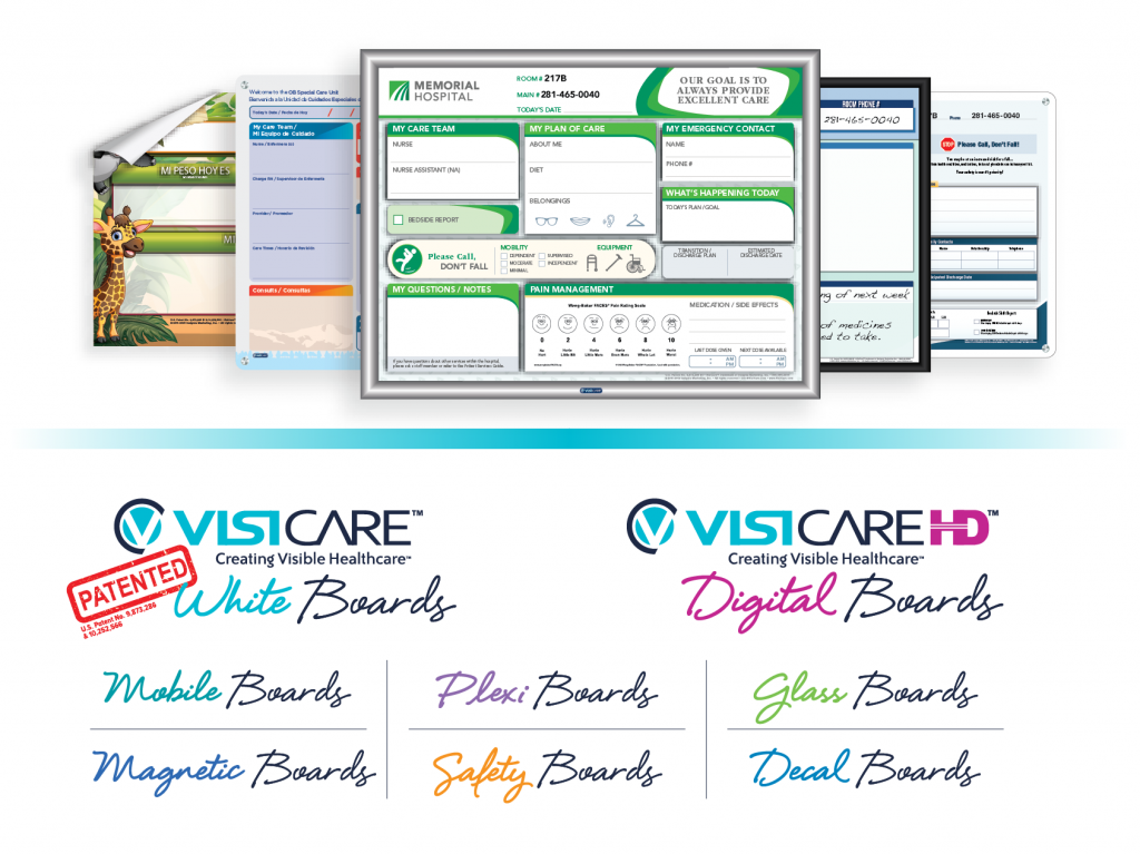VisiCare custom white board styles including custom white boards, plexi boards, glass boards, magnetic boards, mobile boards, safety boards, decal boards and digital boards