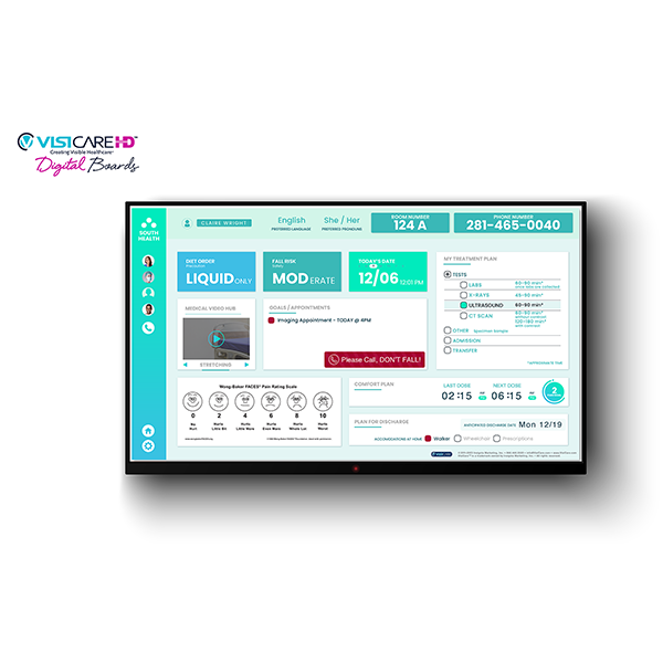 VisiCareHD Digital Board for patient room featuring fall risk, test approximate wait times, pain scale and care plan
