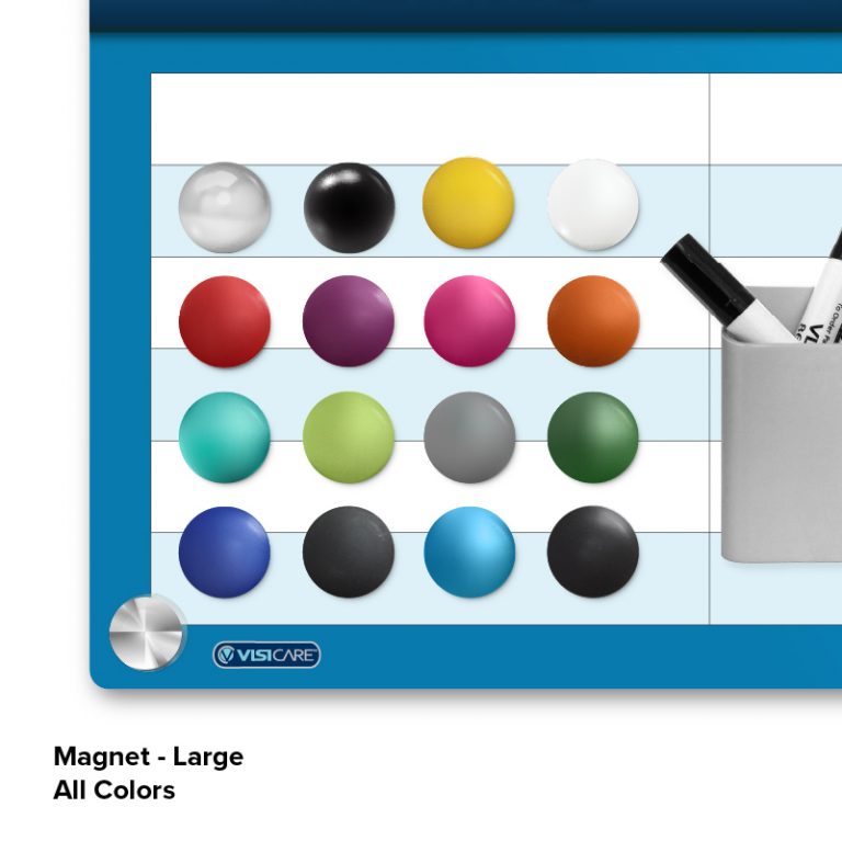 VisiCare Magnet buttons large, all colors, next to magnetic marker holder on glass board magnetic style