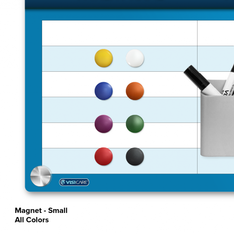 VisiCare Magnet buttons small, all colors, next to magnetic marker holder on glass board magnetic style