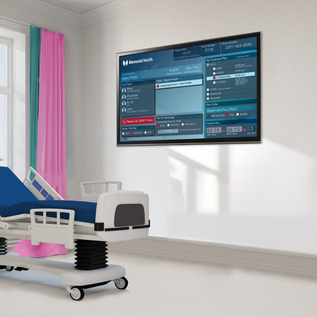digital board in patient room with hospital furniture