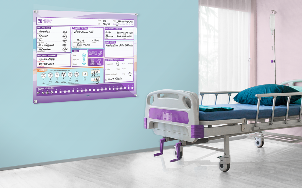 custom white board in plexi board direct print style in hospital room with hospital bed