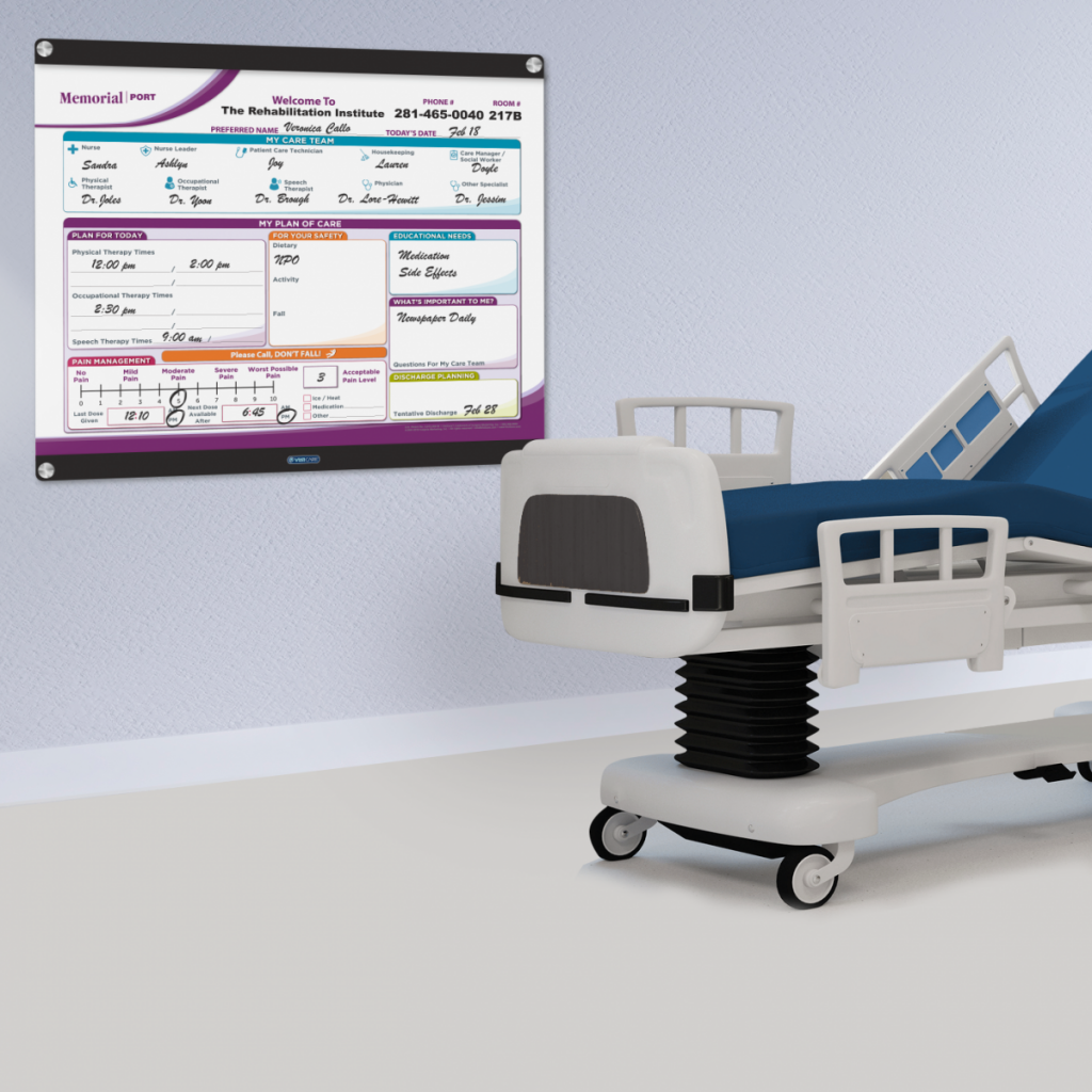 plexi board with interchangeable graphic insert feature in hospital room with modern hospital bed