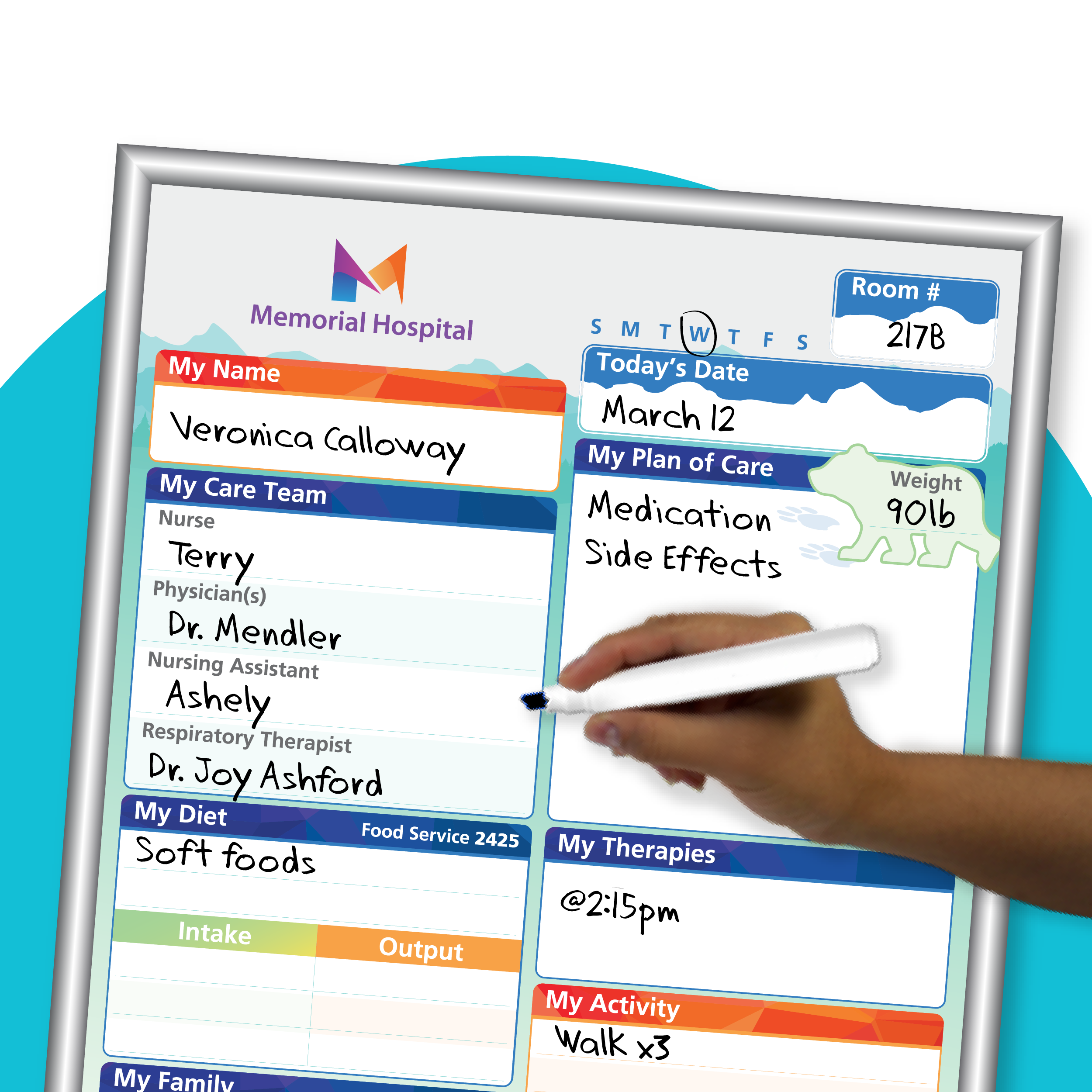 color chisel tip dry erase marker in hand writing on interchangeable VisiCare White Board