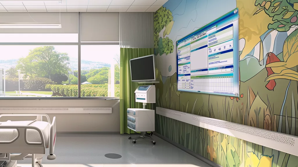 Patient room featuring custom VisiCare Plexi Board hospital branded