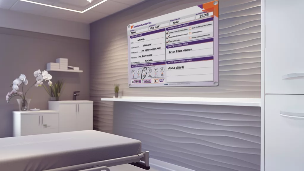 Hospital room with custom patient care whiteboard