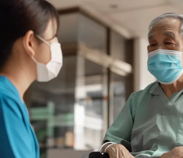 nurse talking to patient with infection control measures in place