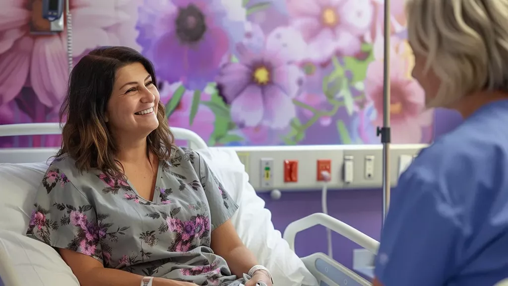 Nurse and Patient discuss care in modern healthcare patient room building trust