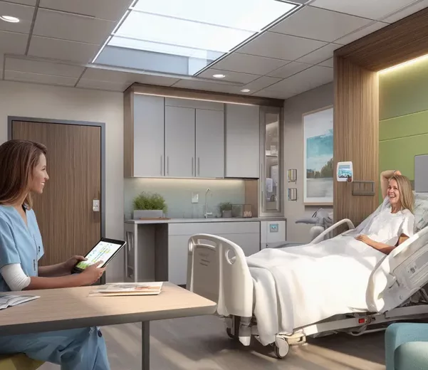 high end patient room where nurse with tablet is discussing care with female patient in hospital bed sitting across froma patient an electronic VisiCareHD Digital Board