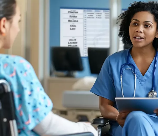 Nurse and Patient discuss care in high end hospital room with window out into the nurse unit with custom board in the hospital hall