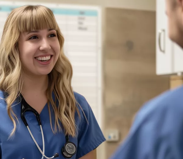 Nurses discuss care in nurse unit with custom safety board