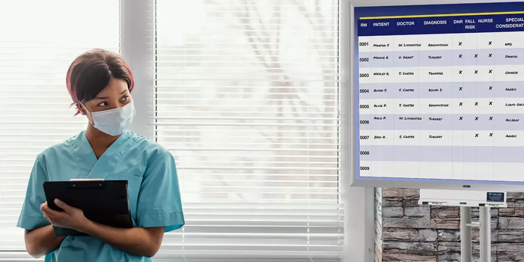 Nurse and Mobile rolling nurse unit whiteboard