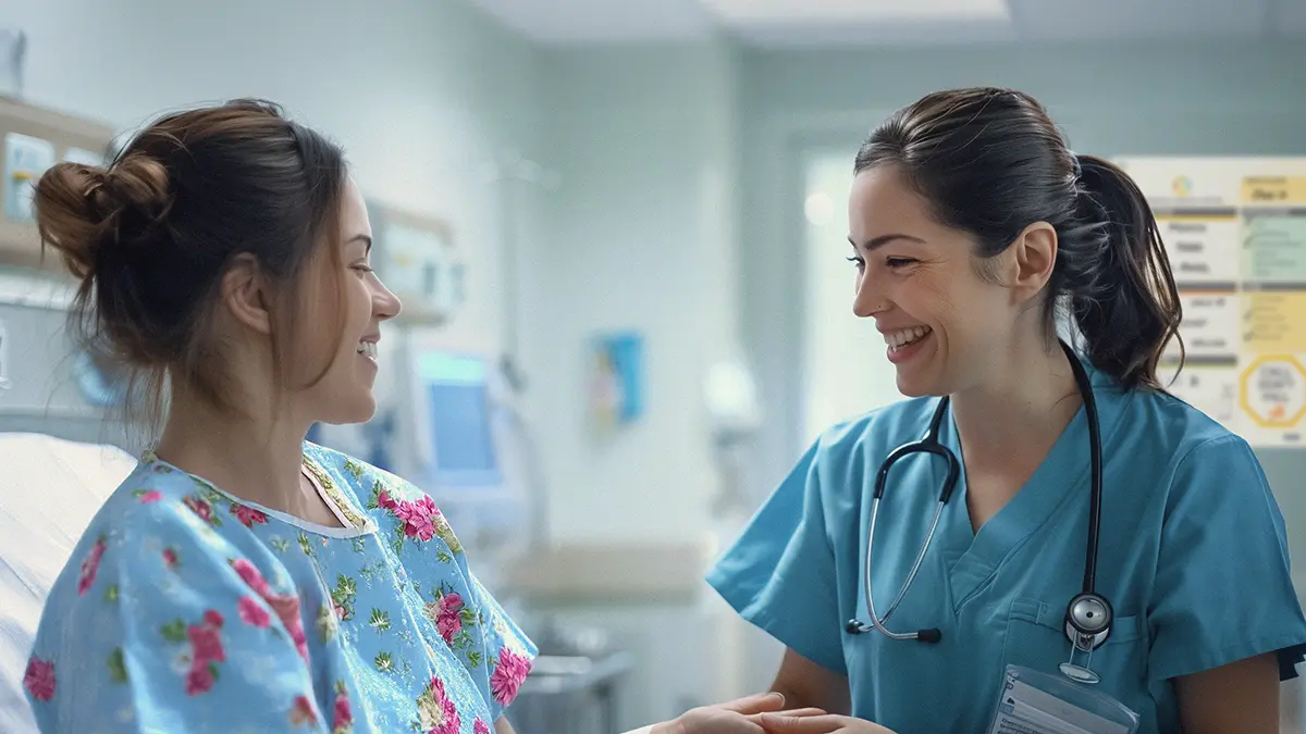 Nurse and patient in hospital room with custom oncology patient board