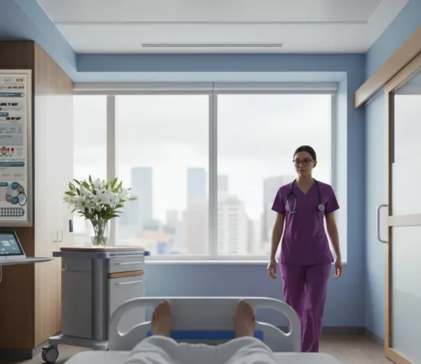 Nurse and patient in urban hospital patient room with modern custom patient board mounted on corner wall