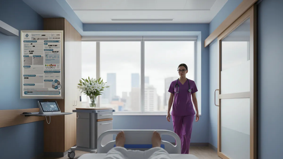 Nurse and patient in urban hospital patient room with modern custom patient board mounted on corner wall