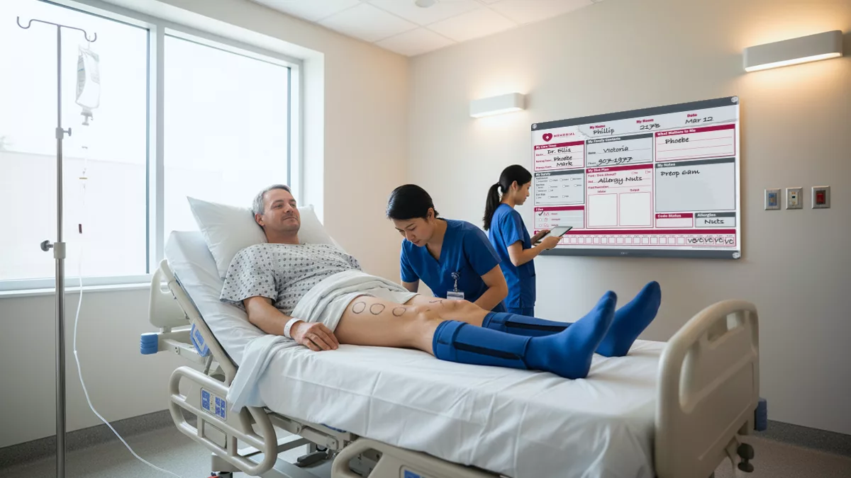 Pre-op prep patient in patient room with custom patient board