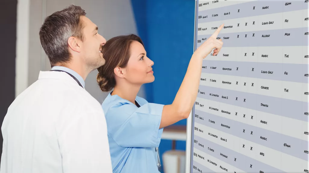 medical staff discuss patient on nurse unit whiteboard