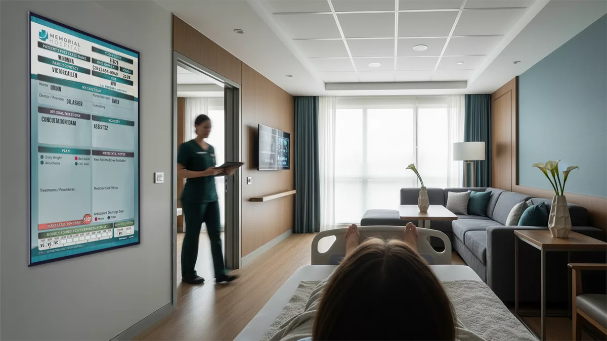 nurse enters private patient room with patient in bed featuring a custom VisiCare Glass Board in interchangeable graphic board style standoff mount to the wall