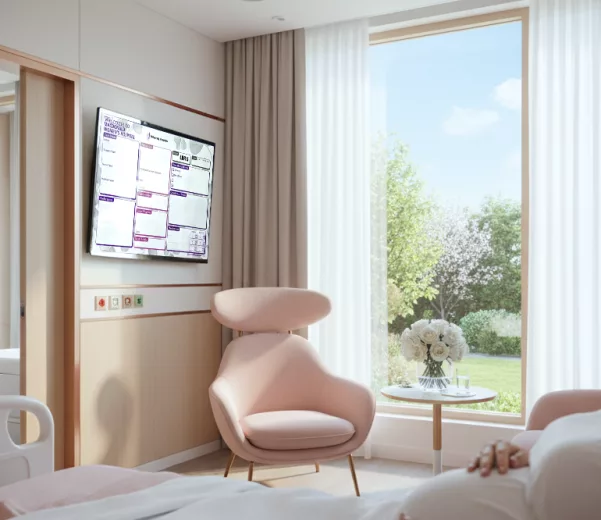 Labor delivery patient in luxury birthing suite with custom digital whiteboard