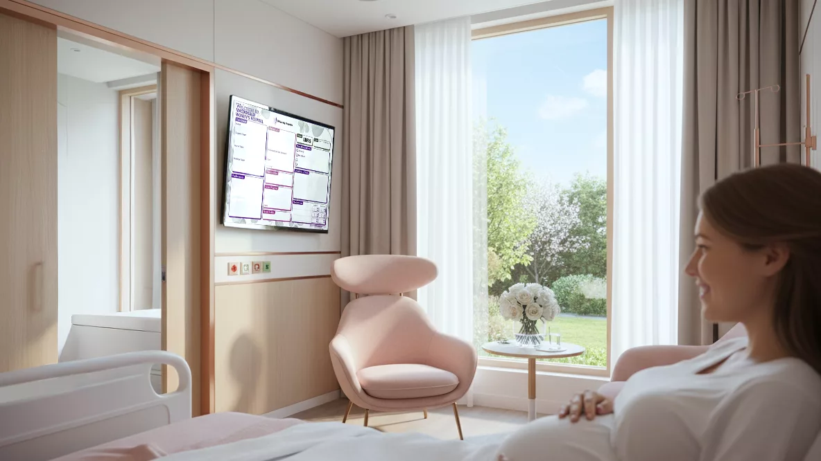 Labor delivery patient in luxury birthing suite with custom digital whiteboard