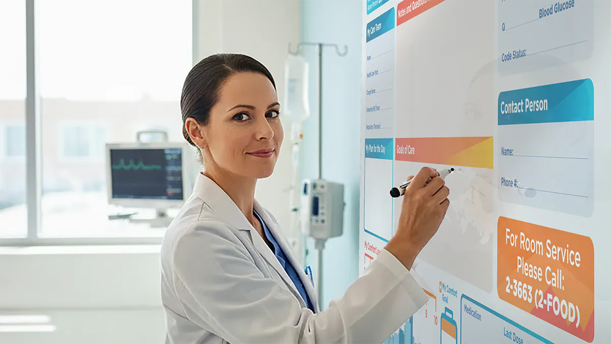 Nurse Practitioner adds notes to custom patient beside communication board