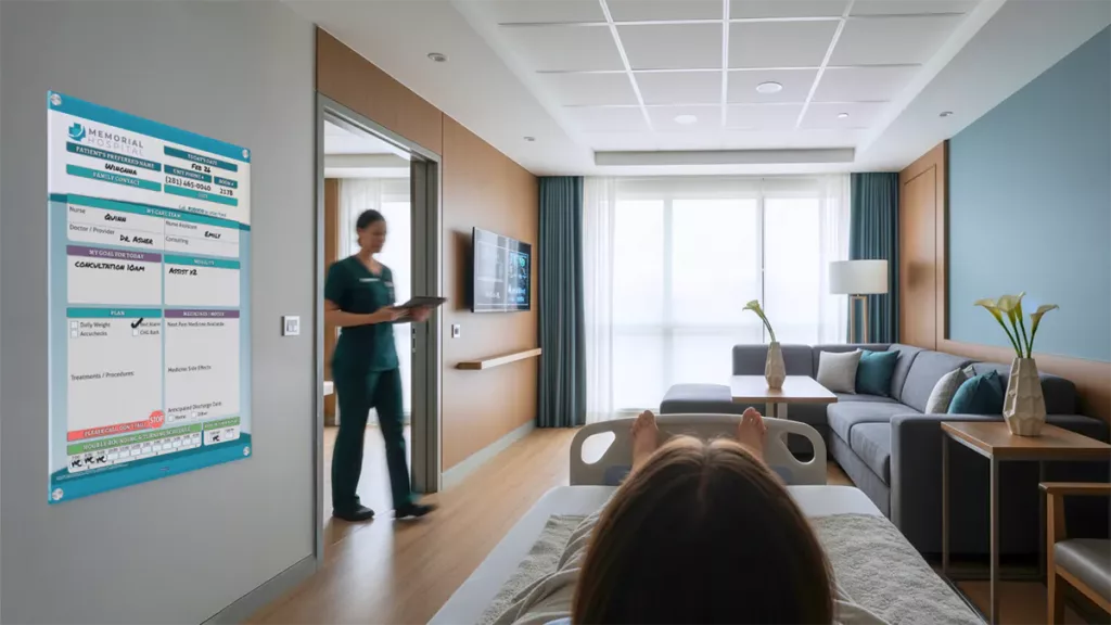 Nurse enters modern patient room with custom patient whiteboard
