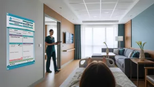 Nurse enters modern patient room with custom patient whiteboard