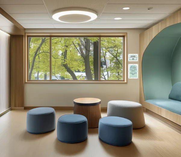 healthcare facility behavioral space with safety board signage for capacity and visitor times