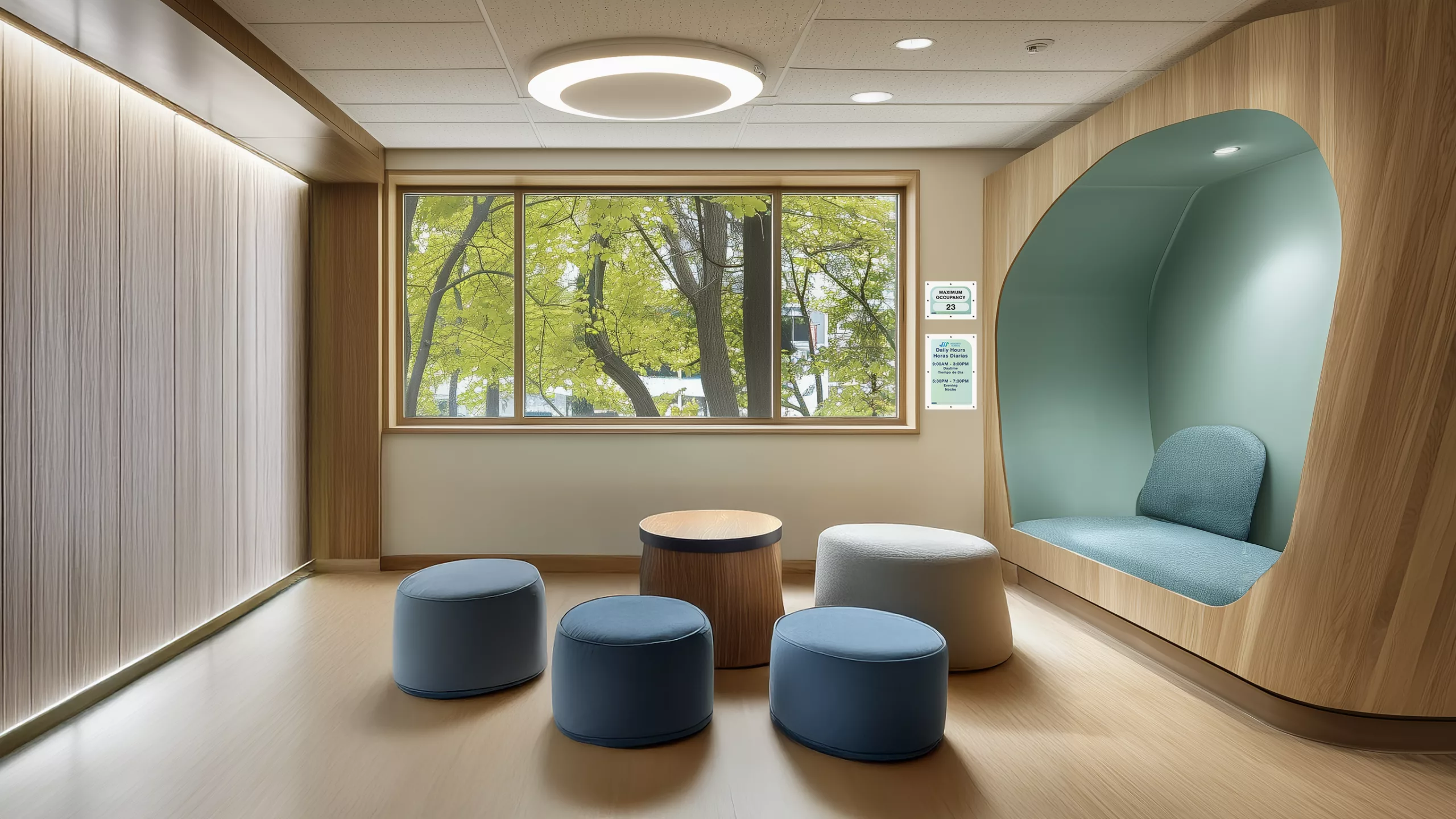 healthcare facility behavioral space with safety board signage for capacity and visitor times