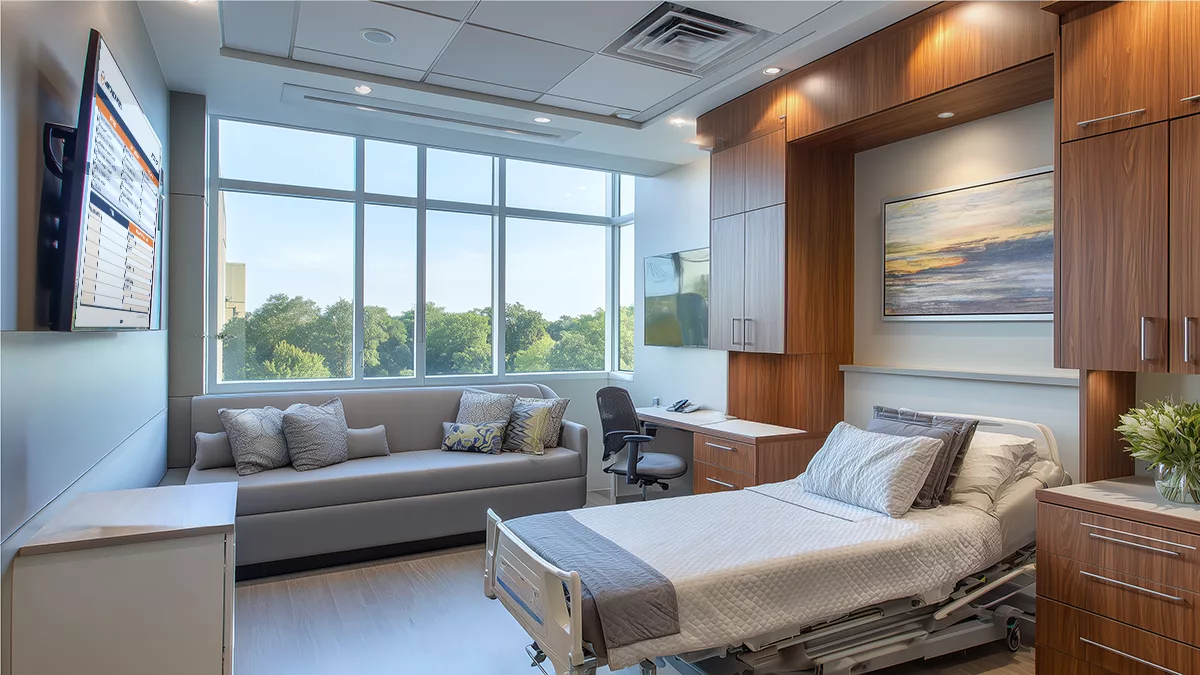 Modern patient room with best in market for ROI VisiCareHD Digital Boards for patient rooms