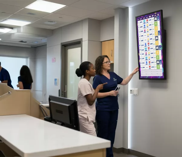 Nurse manager and RN look at Nurse Unit electronic board from VisiCareHD Digital Boards