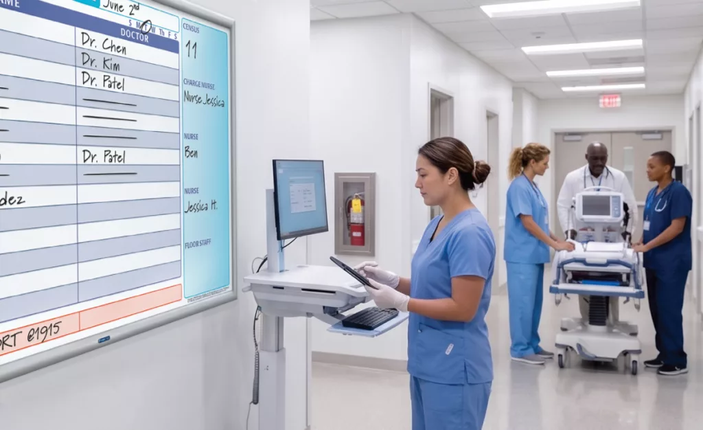 Nurse interacting with custom nurse unit whiteboard