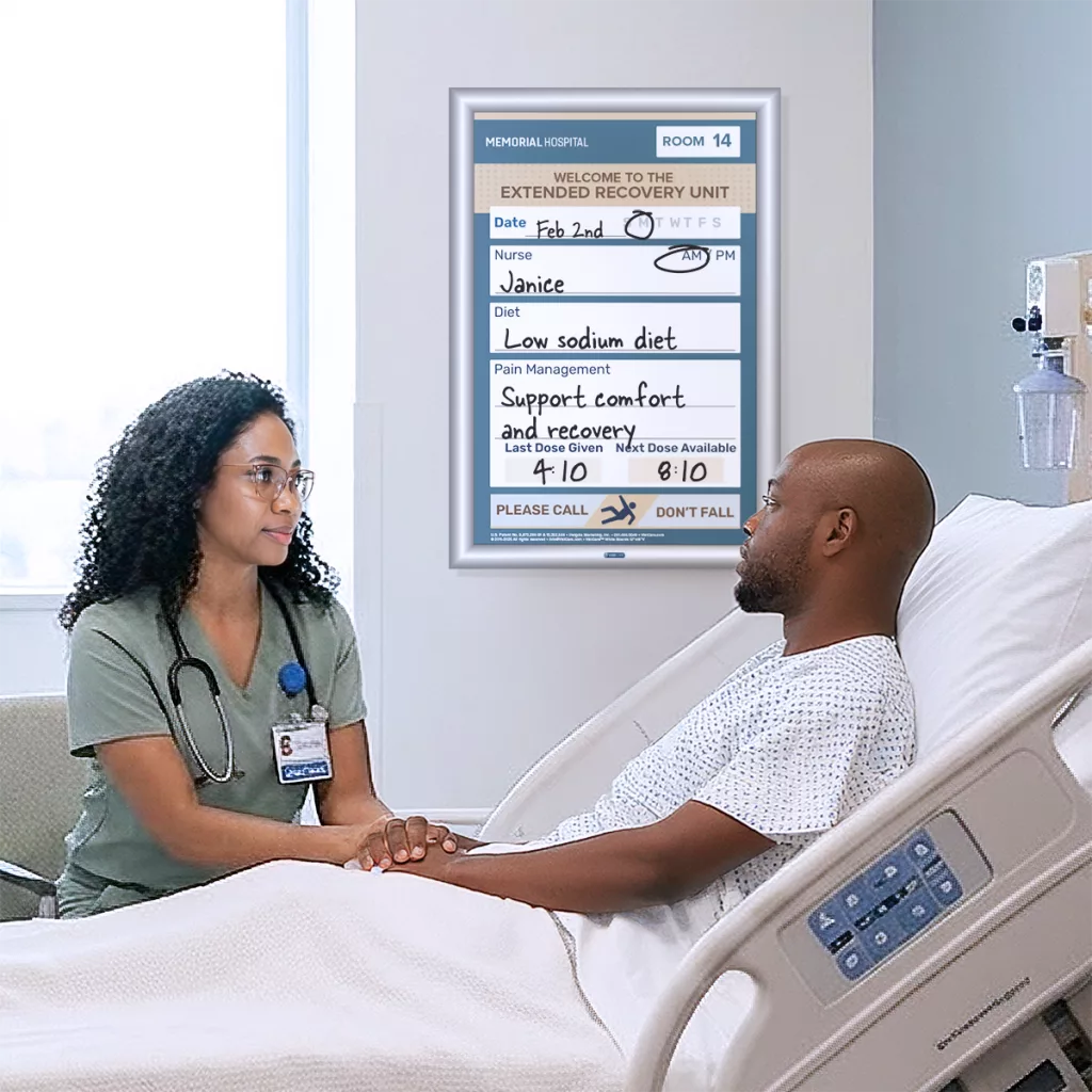 nurse and patient discuss care in hospital room with custom medsurg whiteboard