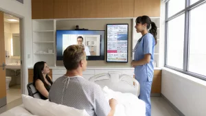 Patient in Telehealth discussion with doctor and nurse in modern hospital room with custom electronic patient board