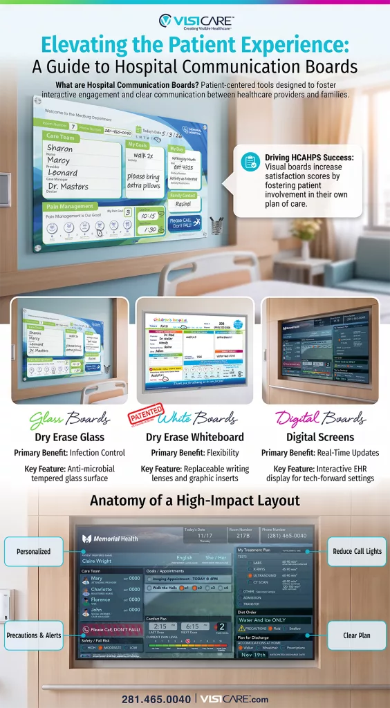 Infographic about Elevating the patient experience: A Guide to Hospital Communication Boards. What are hospital communication boards? Patient-centered tools designed to foster interactive engagement and clear communication between healthcare providers and families. Features and benefits to glass boards, white boards and digital boards.