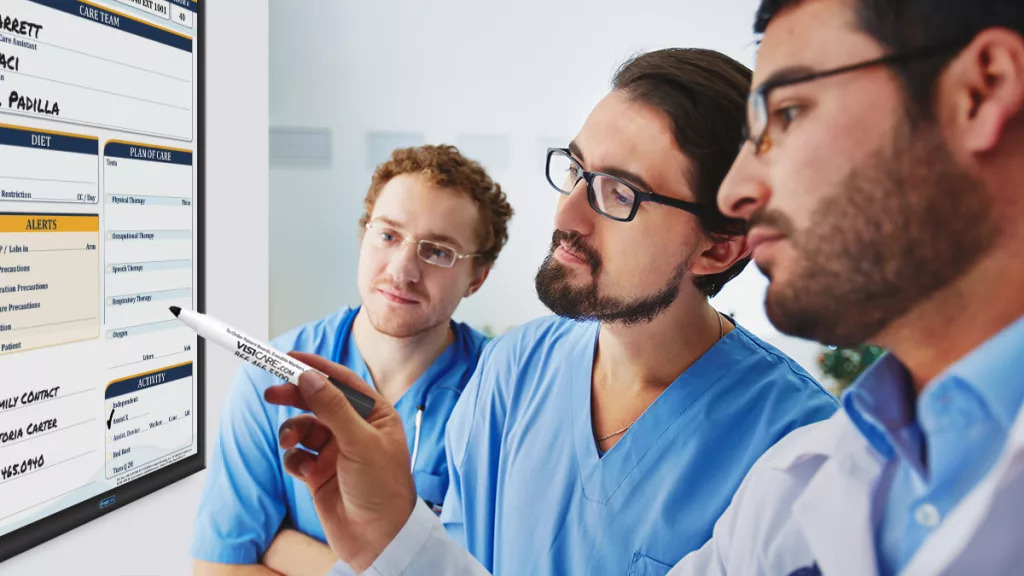 The care team reviews the plan of care at shift change with VisiCare custom white boards