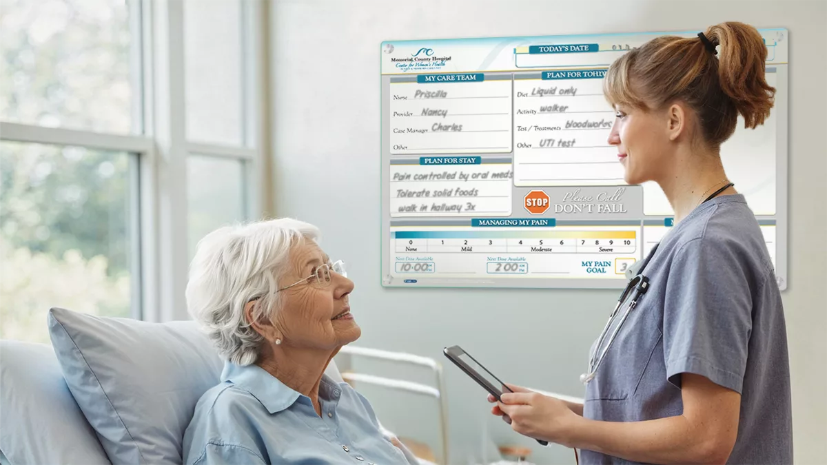 nurse and patient discuss care in excellent care hospital with custom patient board in VisiCare Glass Board Hybrid profile board style