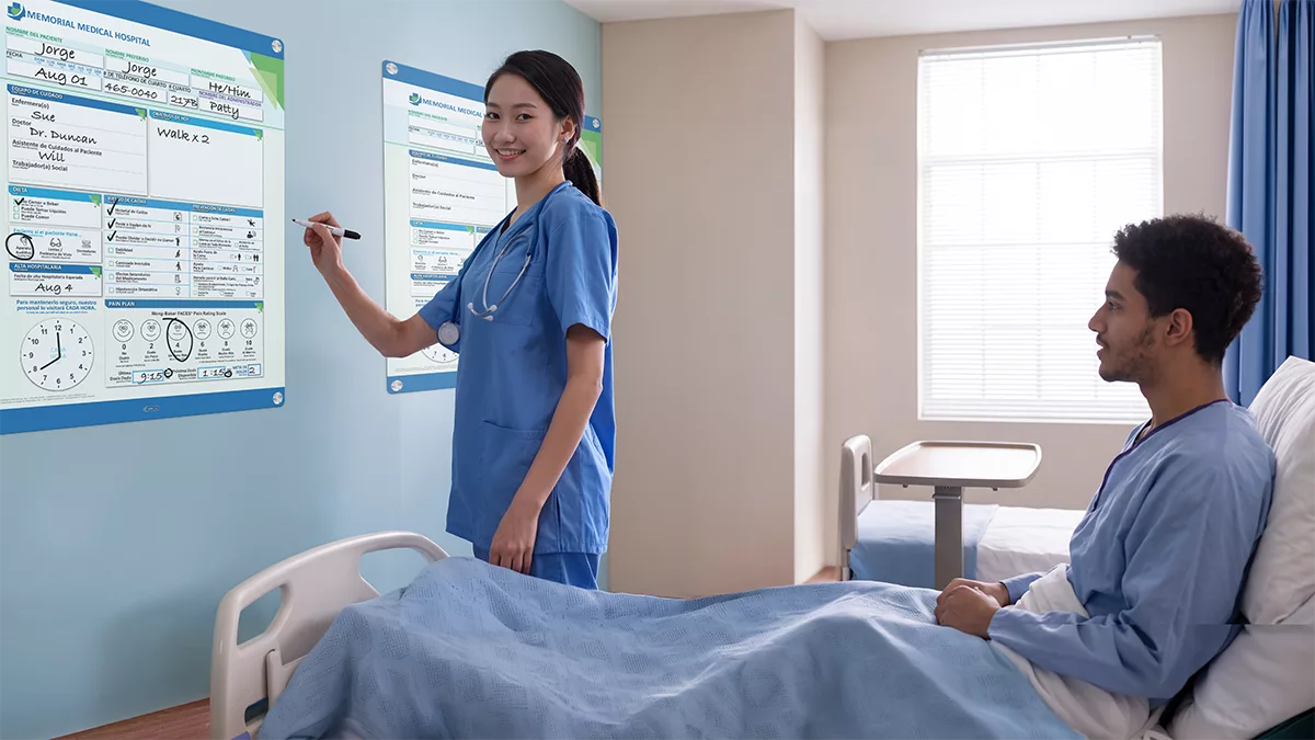 Nurse discusses patient care with patient giving 5 star experience with custom patient board in glass board style