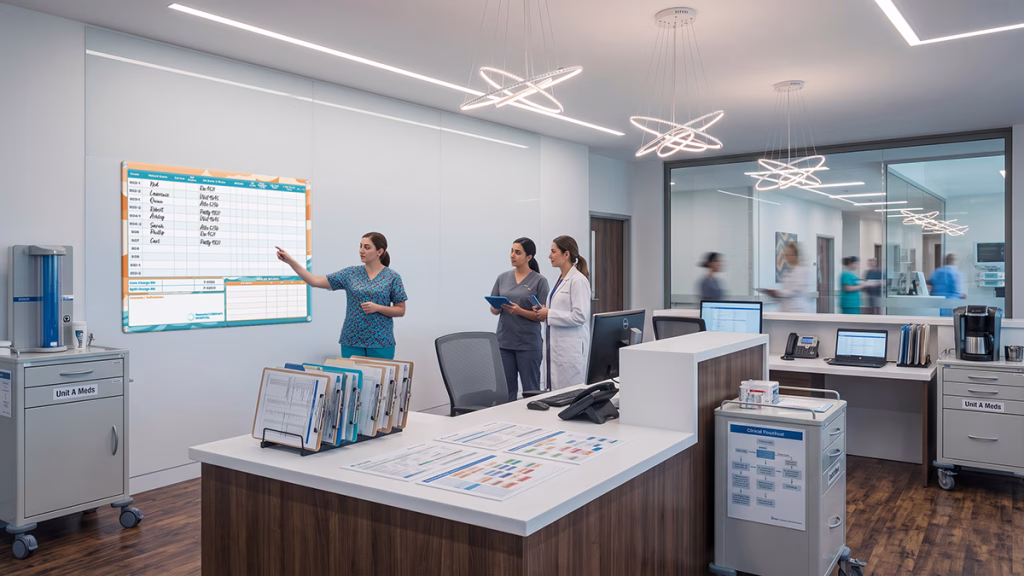 Nurse unit and medical team discuss floor care using custom VisiCare™ Glass Board