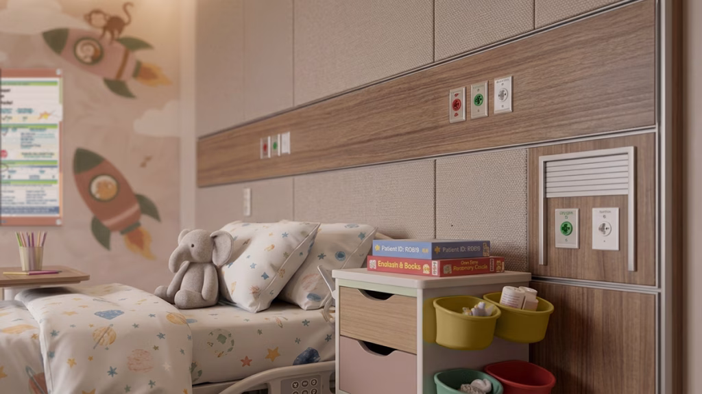 inside a premium pediatric hospital room with custom patient whiteboard for child and family