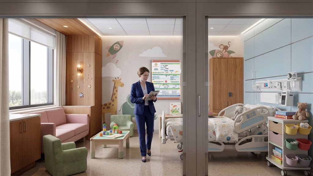 chief nurse officer with a tablet walking through a luxury pediatric patient room with custom glass whiteboard during a safety check