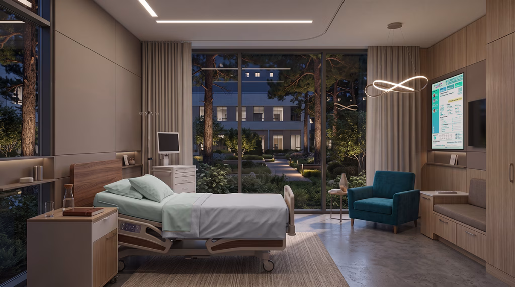 private hospital room at night with custom Digital Boards