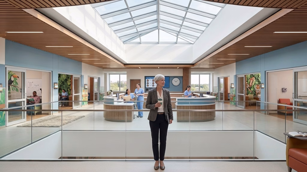 Hospital executive overlooking modern pediatric unit in Digital board nurse unit and door entry wayfinding.
